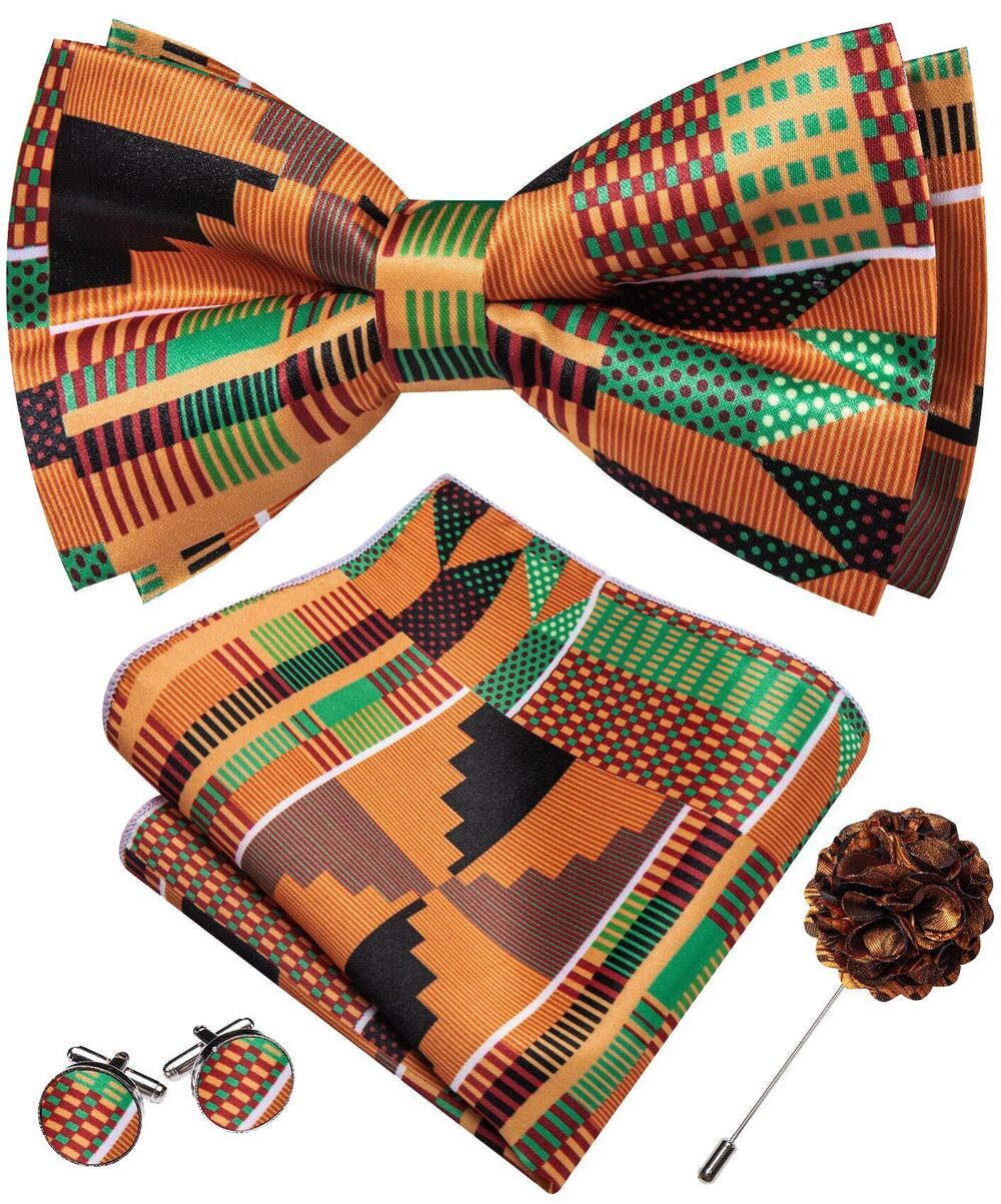 6420 African Kente Bow Ties Stripe Silk Pre-Tied Bowtie Pocket Square